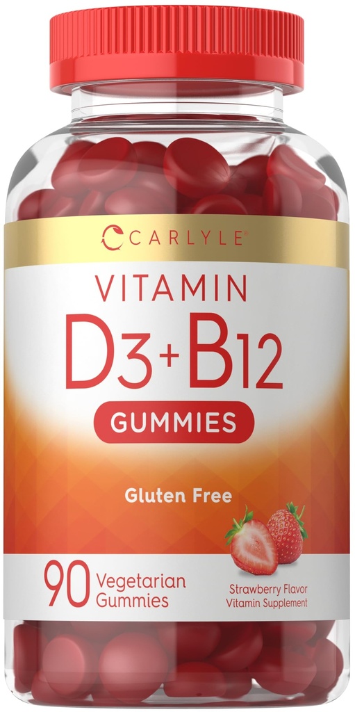 Carlyle Vitamin D3 + B12 Complex Gummies | 90 greve | Vegetarian, icke-GMO och Gluten Free Formel | Strawberry Flavor Supplement