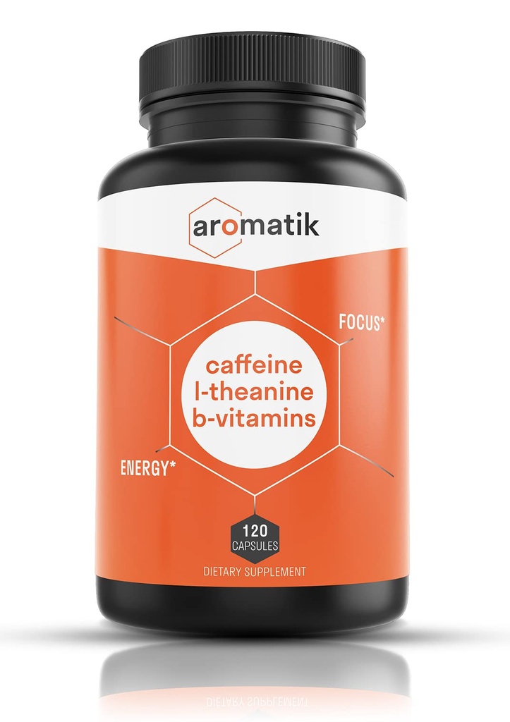 Aromatik Koffein L-Theanin Focus Supplement | Koffein (100 mg) + L-Theanin (200 mg) + B Vitaminer | Energi Focus Cognition | USA Gjord på FDA Registered Facility | Vegan Capsules | 120 portioner