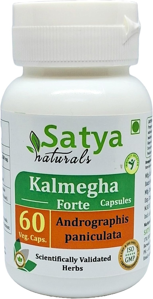 Kalmegha Forte Capsules 500 mg. 60 Veg. Capsule | Kalmegha (Andrographis Paniculata) Extract Capsules for Men and Women | Ayurvedic Herbal Supplement/Remedies | 10:1 Forte (1 Bottle of 60 Capsules)