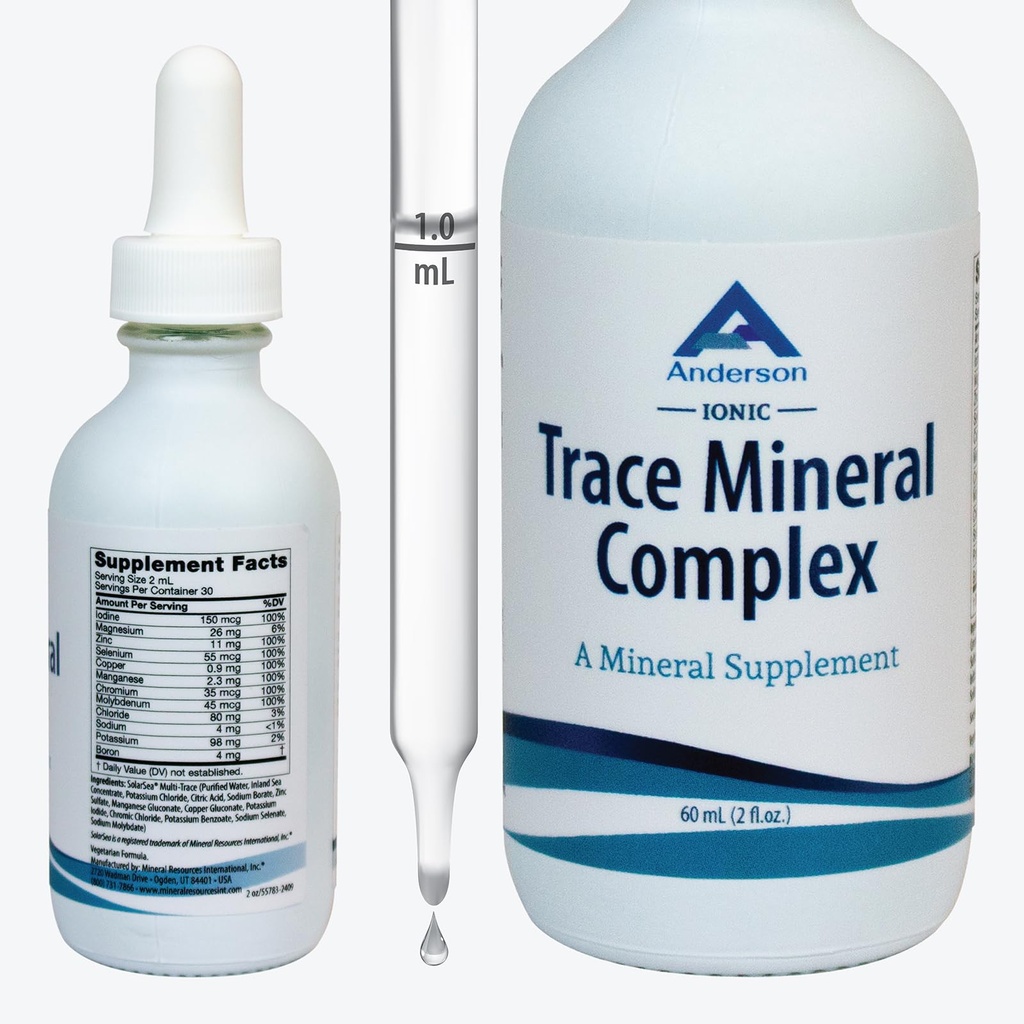 Trace Mineral Complex | Full Spectrum Minerals | Ionic Liquid Mineral Drops för vatten | Electrolytes, Hydration Supplement | 2 fl oz Glass Bottle