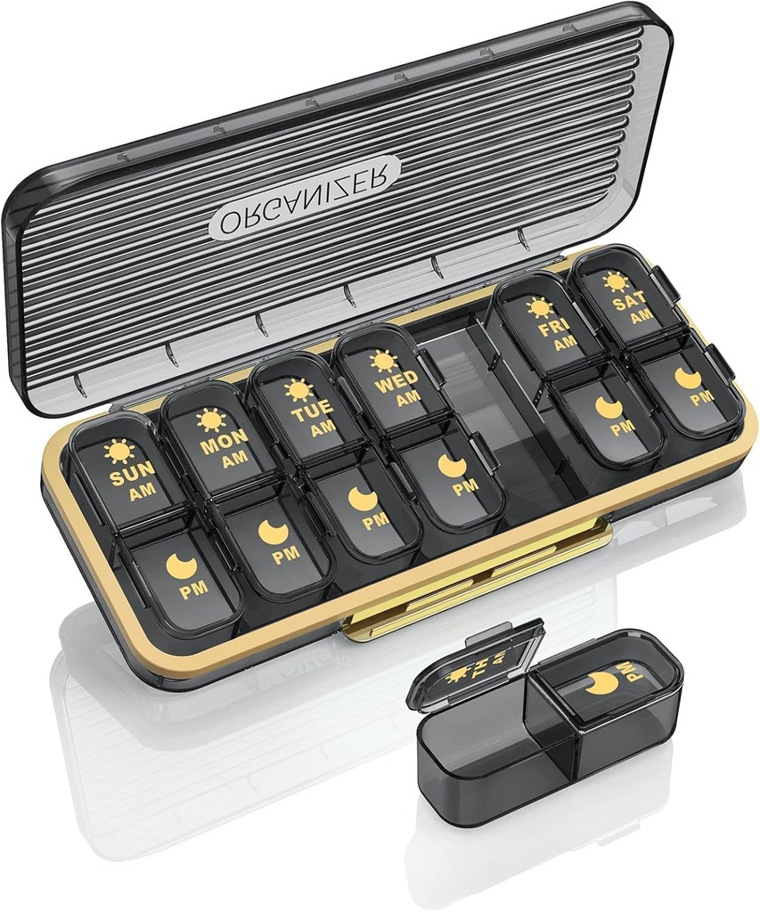 Pill Organizer 2 gånger per dag, 7 Day Am Pm Pill Box - Acedada Weekly Pill Organizer Twice A Day, Portable Removable Daily Medicine Container Dispenser Case för vitamin Fish Oil Supplement, Black Grey