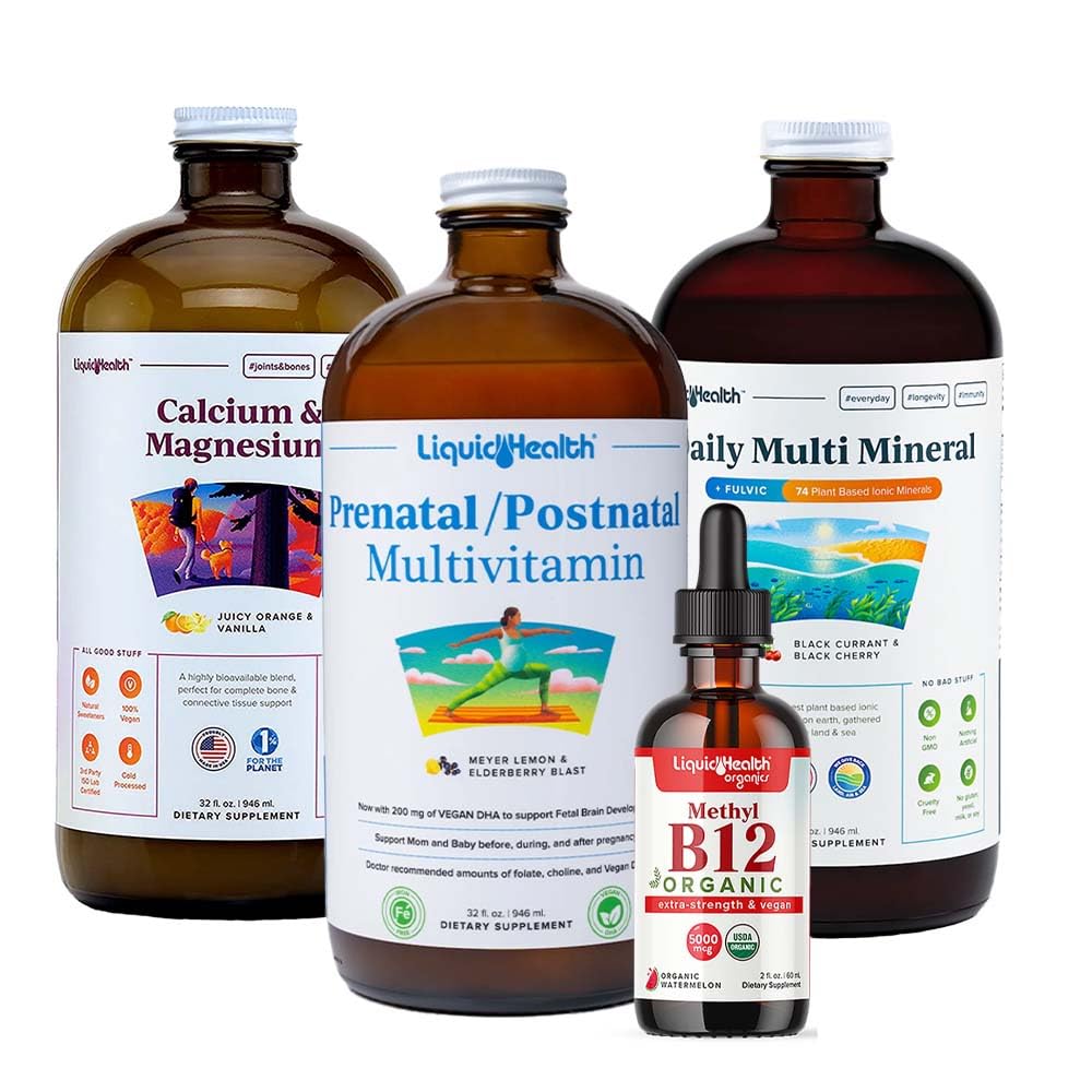 LIQUIDHEALTH Women's Health & Vitality Daily Liquid Multivitamin Bundle med Prenatal/Postnatal Multivitamin, Calcium & Magnesium, Daily Multi Mineral, & Organic Vitamin B12 Drops - USA Made, Non-GMO