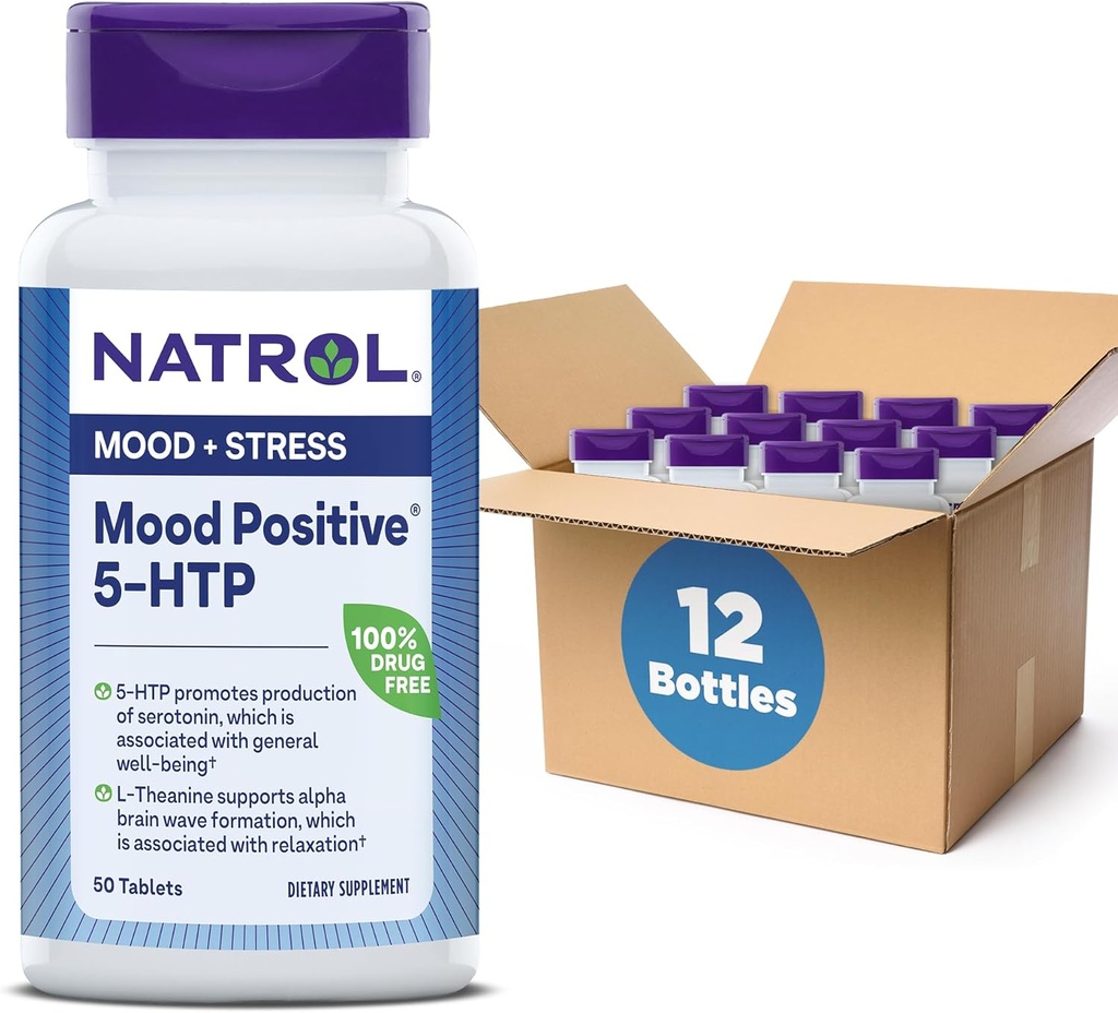 Natrol Mood Positive 5-HTP 50mg med L-Theanine, vitamin B6, vitamin B12 och folat, Kosttillskott hjälper till att stödja ett positivt humör, 50 tabletter, 25-50 dagars leverans (Pack of 12)