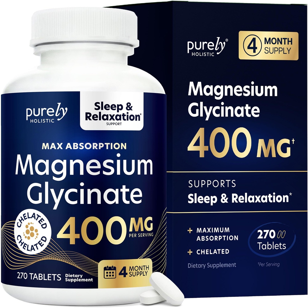 Magnesium Glycinate 400mg - 270 Magnesium tabletter (inte kapslar) - 400 mg Elemental Magnesium - Mycket biotillgänglig - Vegan och vegetarian - för förbättrad sömn, stressavlastning och krampförsvar