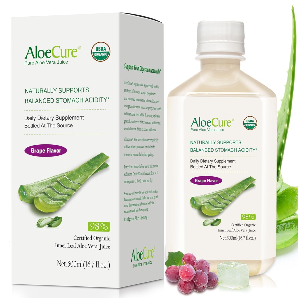 AloeCure USDA Organic Aloe Vera Juice Grape Flavor, Made Within 12 Hours of Harvest - Pure Aloe Vera Digestive & Immune Health Supplement, hjälper till att upprätthålla balanserad magsyra, 16.7oz Bottle