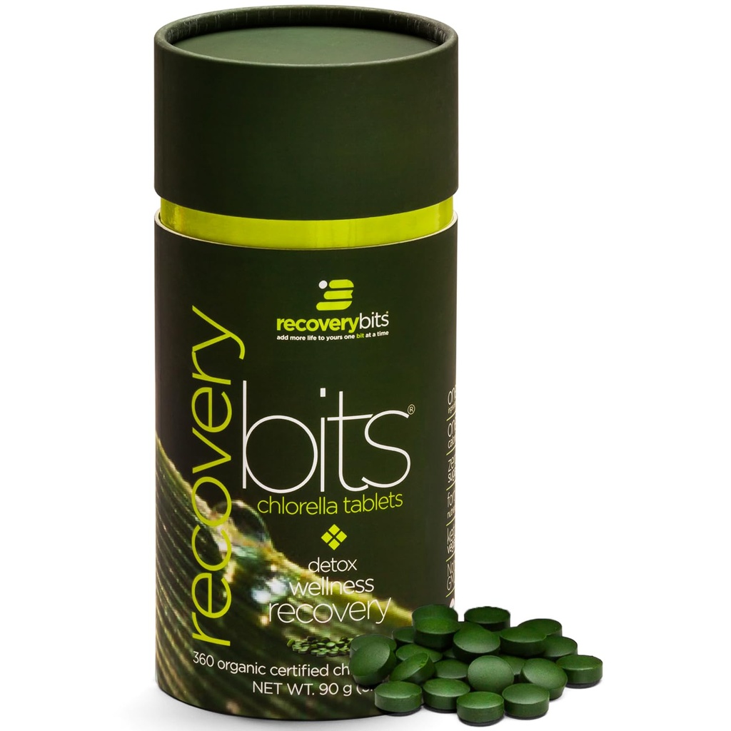 RECOVERYbits - Organic Chlorella Tablets - Plant-Based Algae Superfood - Chlorophyll - Cracked Cell Wall - Energi - Immune System - Detox - Keto - Vegan - Non-GMO - Small Canister - 360 tabletter