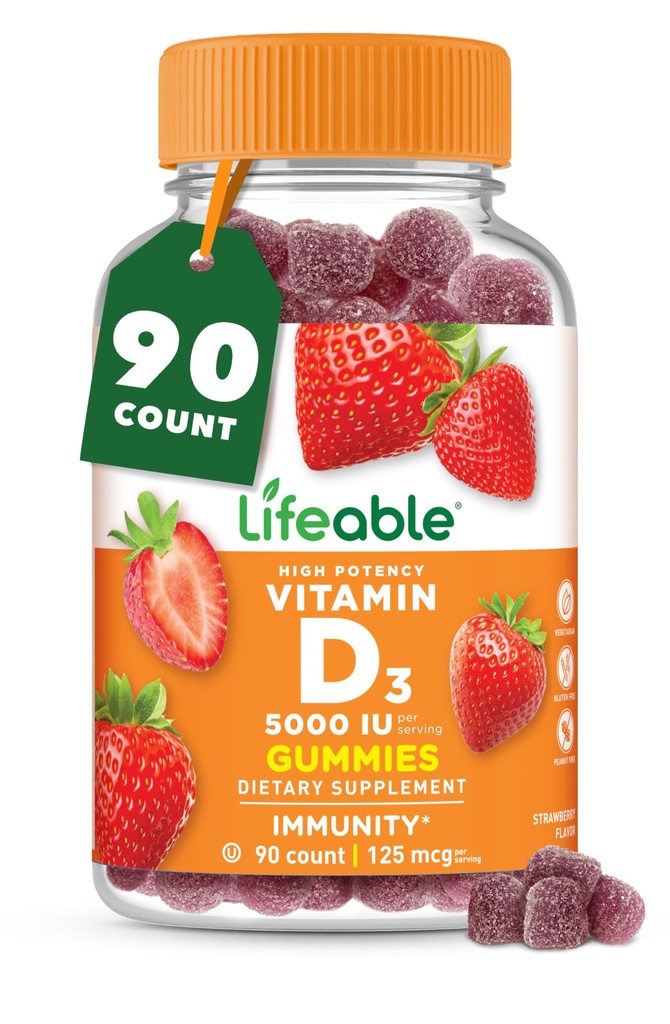 Vitamin D Gummies for Adults | 5000 IU | Great Tasting D3 Vitamin | Immune Support and Healthy Bones Vitamin D Supplement for Men, Women | 90 Gummies | Lifeable