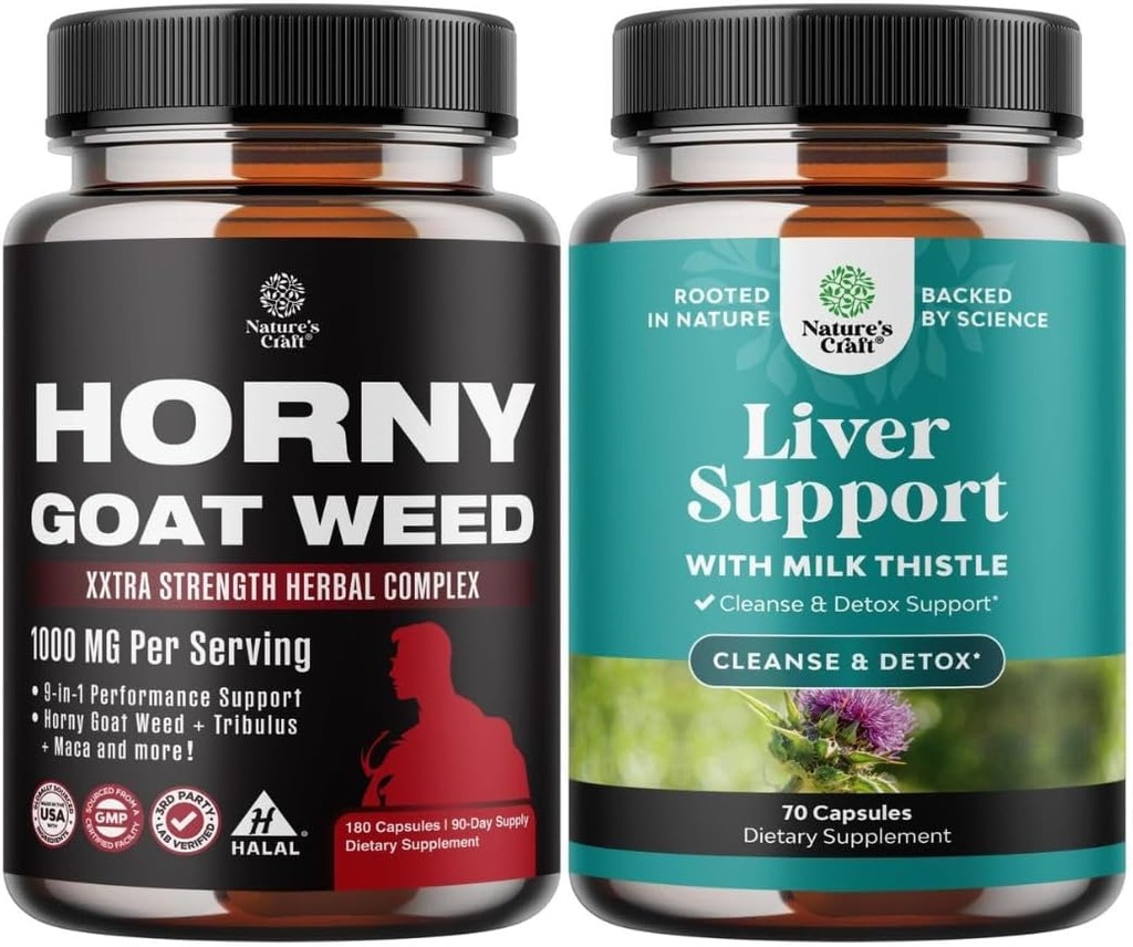 Bundle of Horny Goat Weed för män - Extra styrka Male Supplement för Stamina & Energy och Liver Cleanse Detox & Repair - Silymarin Milk Thistle med Dandelion Root Choline Beetroot Artichoke Extract