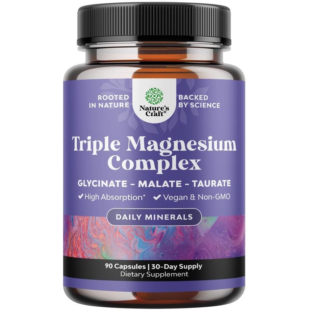 Triple Magnesium Komplex Supplement Elemental - High Absorption Magnesium Taurate och Glycinate Plus Malate Blend för Sleep Muscle Bone Mood och mer - Non GMO Vegan 90CT