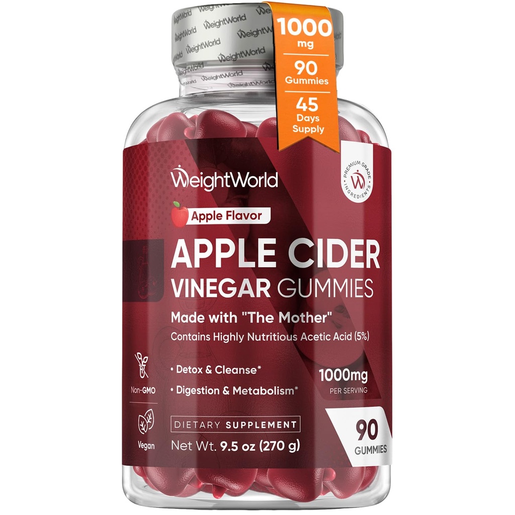 WeightWorld Apple Cider Vinegar Gummies med Mother 1000mg - 90 Gummies - Tillsatt vitamin B6, B12, B9 (Folic Acid) & C för Detox, Cleanse, Digestion & Metabolism - Utsökt naturlig Apple smak