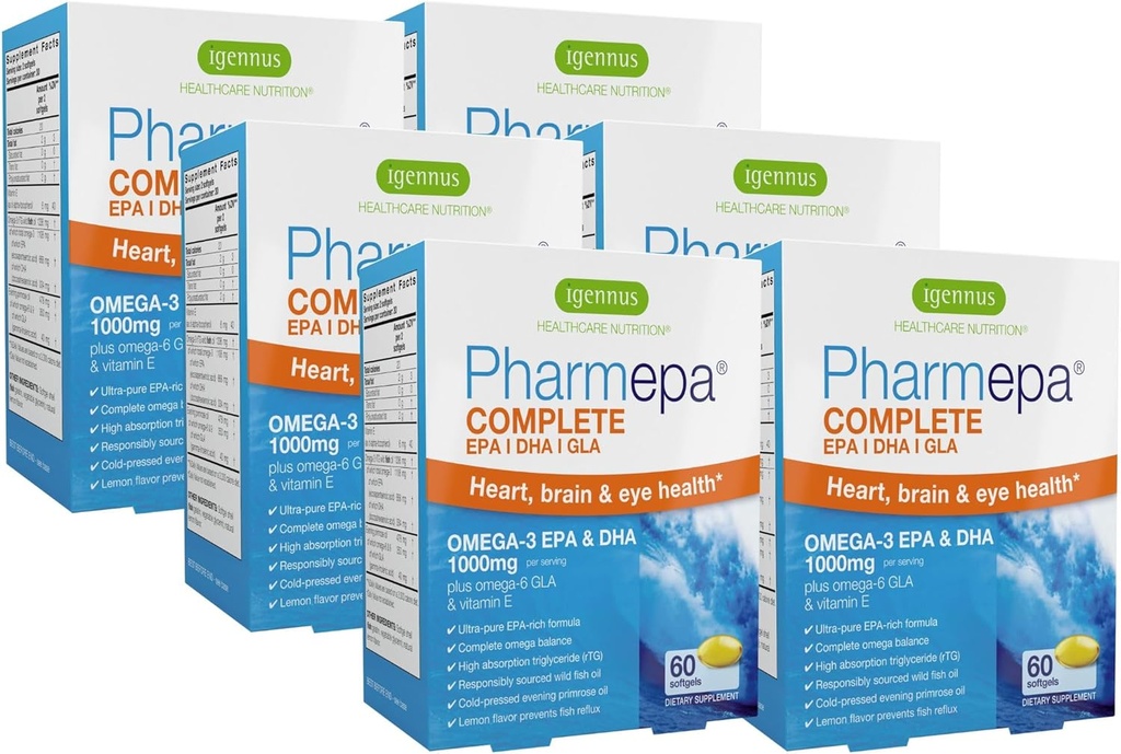 Igennus Pharmepa Complete EPA 668mg & DHA 334mg Omega-3 Fatty Acids 1000mg, IFOS Certified, rTG Form, High Potency Fish Oil Plus Omega-6 & 9 från GLA Evening Primrose Oil, Lemon Flavor, 360 Softgels