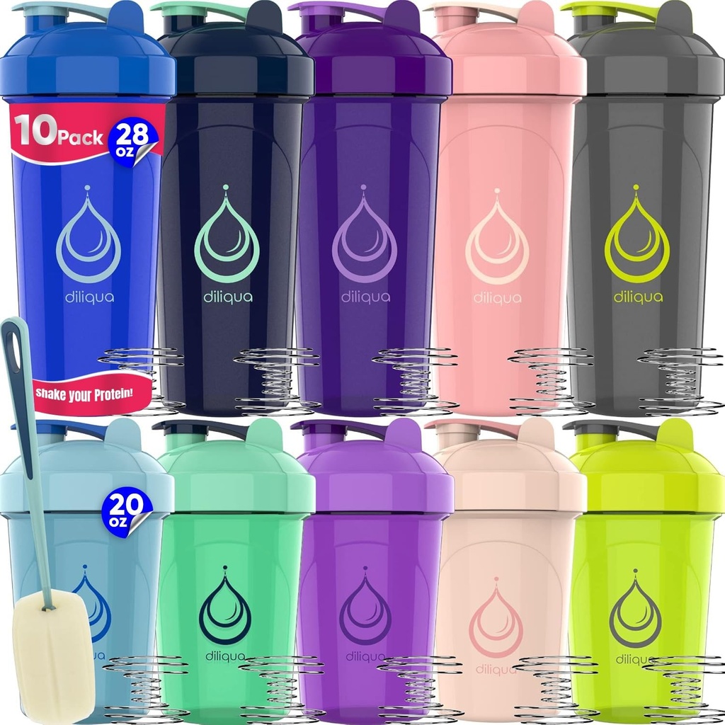 10 PACK, Shaker Bottles med Wire Whisks för proteinblandningar | Leakproof Blender Shaker Bottle Pack | BPA-Free & Dishwasher Safe | 5 Stora 28-oz & 5 Small 20-oz shaker flaska | Shaker Cups för skakar
