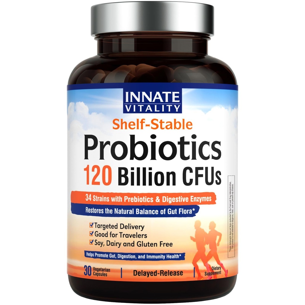 Innate Vitality Probiotics 120 Billion CFUs for Men & Women, 34 Strains with Prebiotics & Digestive Enzymes, Immune & Digestive Health, Delayed Release, Shelf Stable, 30 Vegan Capsules