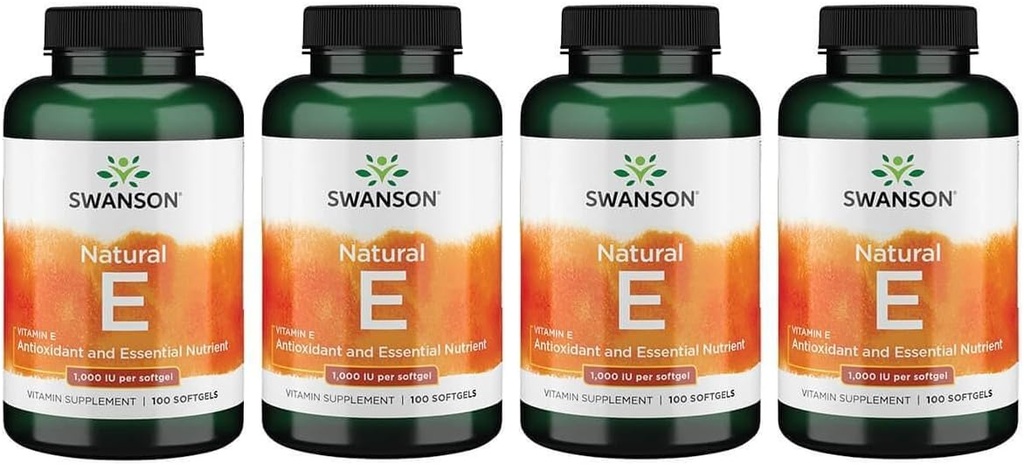 Swanson Vitamin E - Natur Vitamin Supplement främja kardiovaskulär hälsa - Naturformel Levererar Essential D-Alpha Tocopherols - (100 Softgels, 1000 IE Varje) (4 Pack)