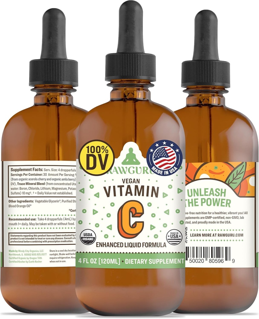 RawGuru Organic Vitamin C Tincture - Liquid Vitamin C med spårmineraler - Nano-Processed Antioxidant & Immune Support Supplement Tincture - 30 portioner av Vegan Drops per 120 ml, Pack på 1