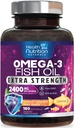 Omega 3 Fiskolja 2400 mg - Triple Strength Omega3, EPA & DHA Fatty Acids Supplement - Naturligt stöd för immun, hjärta och hjärnhälsa - Vild fångad, icke-GMO, citron smak, Burpless - 180 Softgels