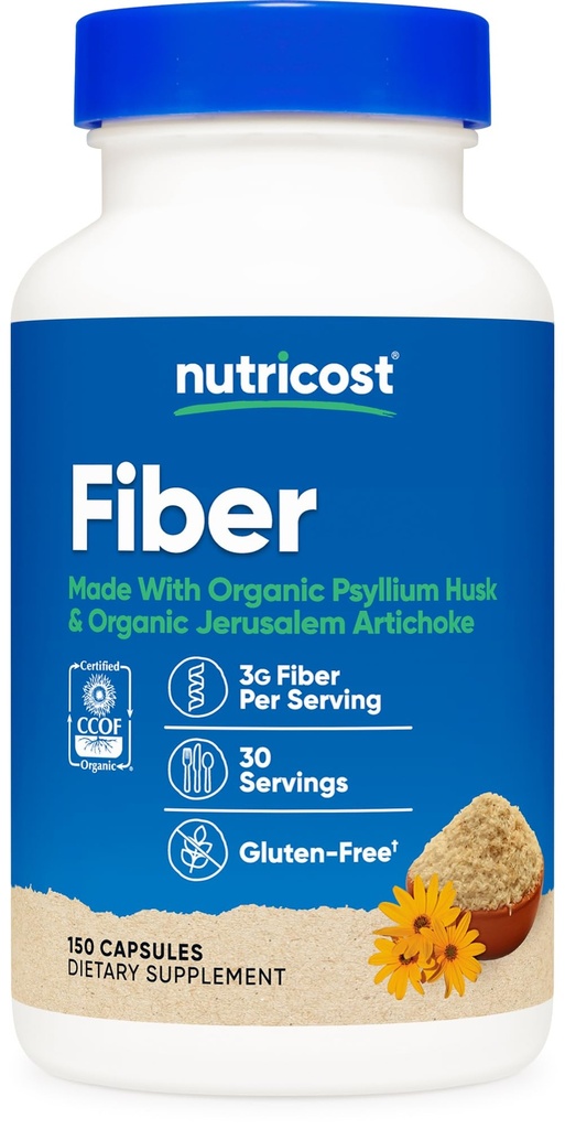 Nutricost Fiber Capsules med Prebiotic Fiber Supplement 150 Capsules - CCOF Certified Supplement, tillverkad med organisk Psyllium Husk & Organic Jerusalem Artichoke, Gluten Free, 3 G Per Servering