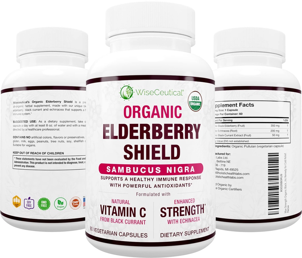 Max Strength USDA Organic Black Elderberry, Black Currant Extract & Echinacea | 3 i 1 Natural Immune Support & Vitamin C | Sugar-Free, Vegan-Friendly | Homeopatisk Remedy | 60 Räkna