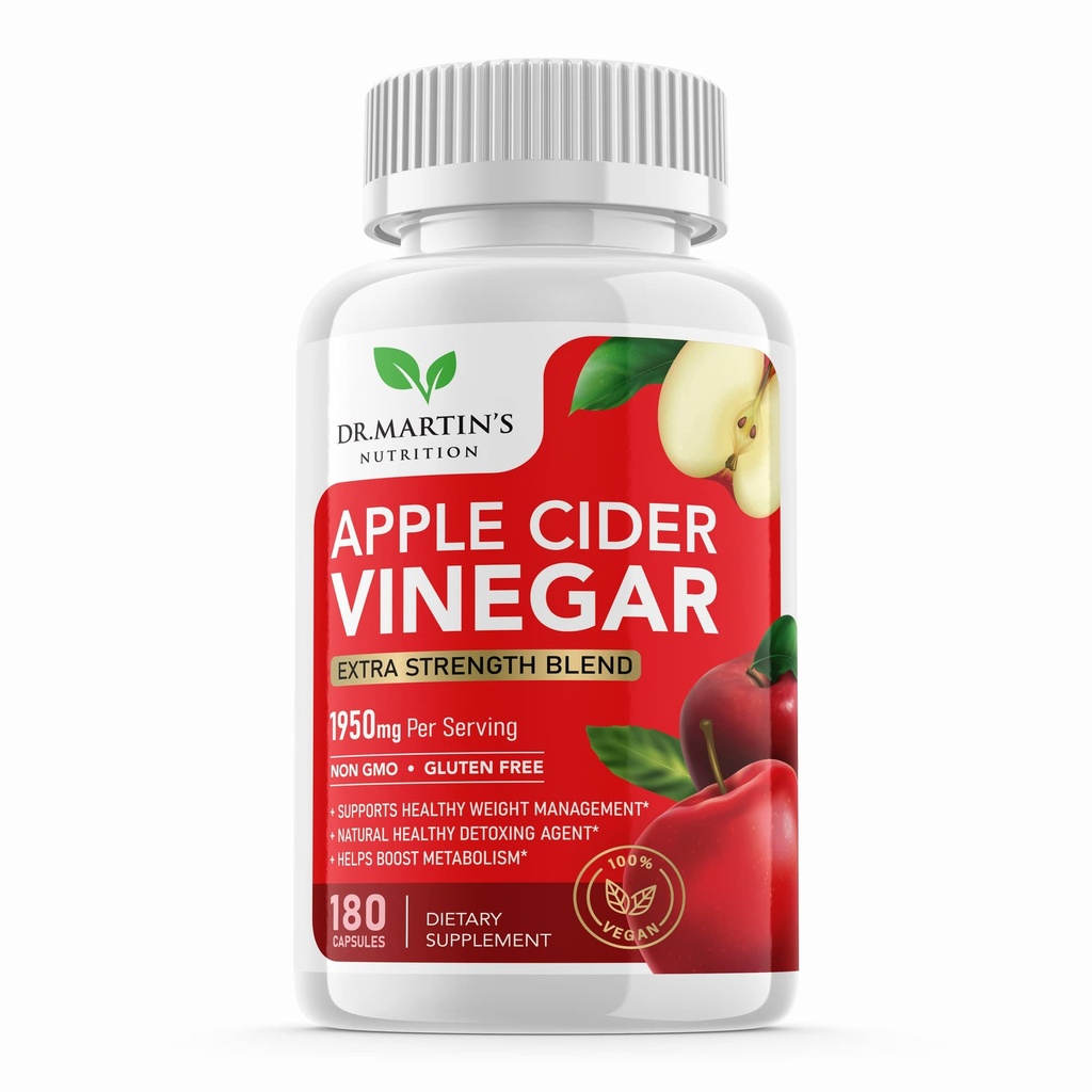 Rena 1950mg Apple Cider Vinegar Supplement | 180 kapslar | No Sour Taste | Pills for Healthy Metabolism, Bloating & Energy | Detox & Digestion Support | Non-GMO, Gluten Free | 100% Natural & Raw
