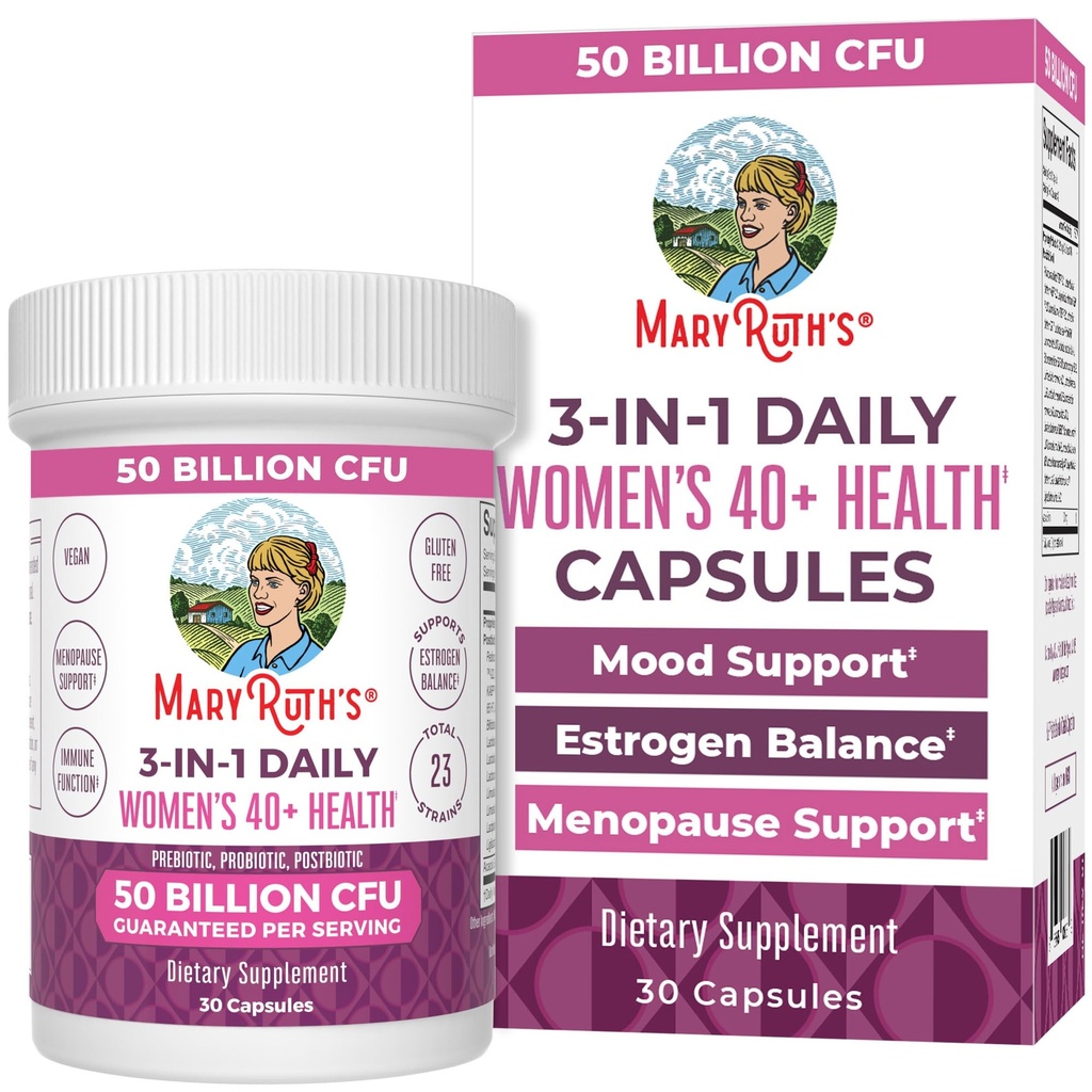 MaryRuth Organics 3-i-1 Daily Health 40+ Probiotika för kvinnor | Kliniskt testad | Östrogen Supplement för kvinnor | 50 miljarder CFU | Allergen Free | 30 ct