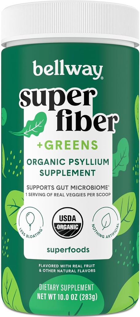 Bellway Super Fiber + Greens Powder, Sugar-Free Psyllium Husk Fiber Supplement Powder med Super Greens (30 portioner)