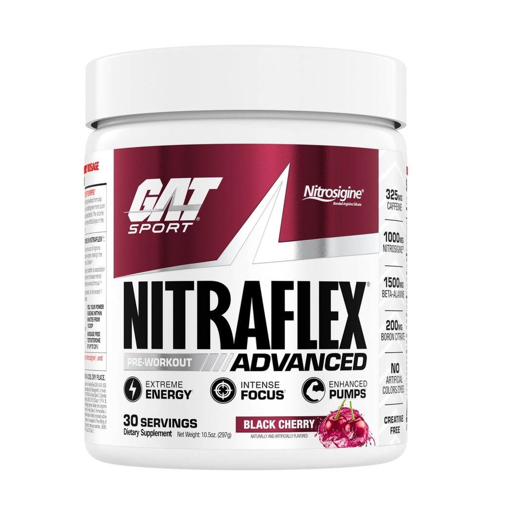 GAT SPORT Nitraflex Advanced Pre-Workout Powder, Ökar blodflödet, ökar styrka och energi, förbättrar träningsprestanda (svart körsbär, 30 portioner)