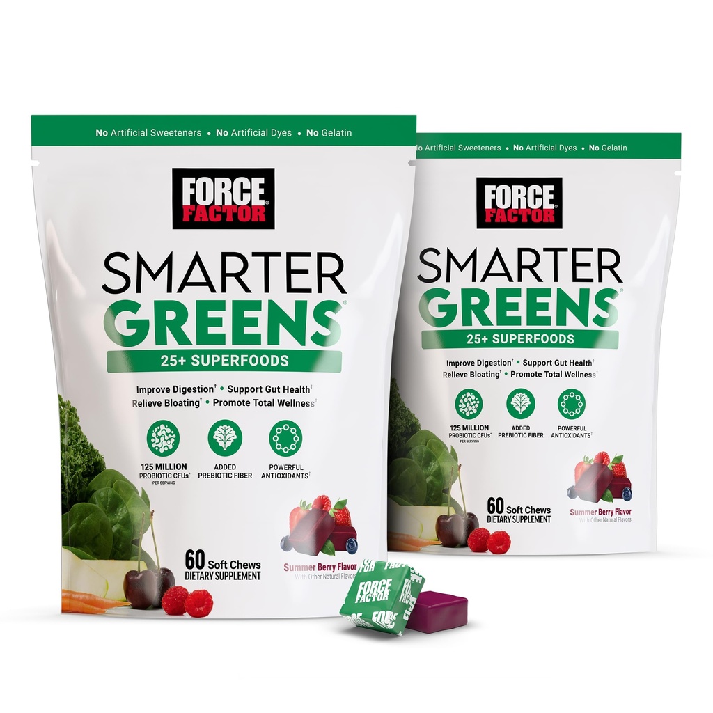 FORCE FACTOR Smarter Greens Superfood Chews, 2-Pack, Greens och Superfoods med probiotika, antioxidanter och fiber, gröna kompletterar för att stödja utmattning, kväveoxid och energi, 120 mjuka Chews