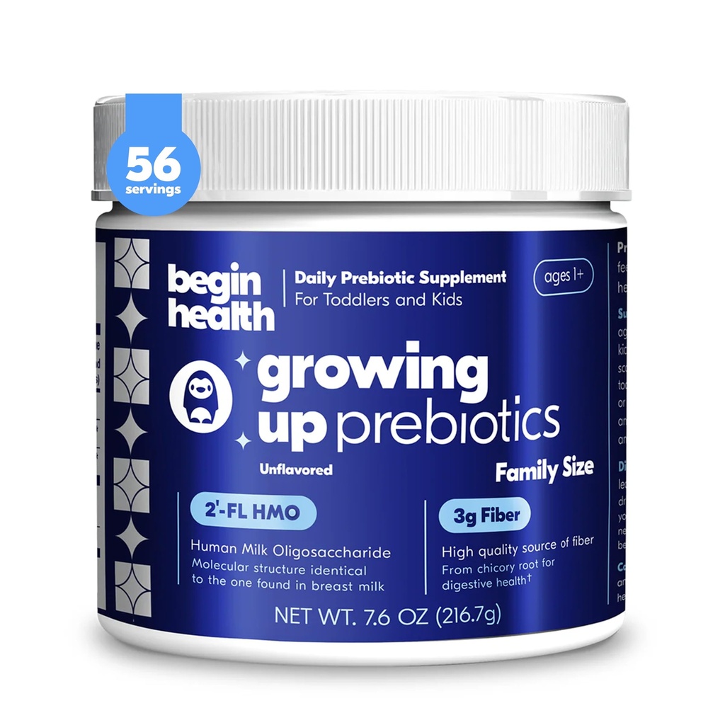 Begin Health Growing Up Prebiotics for Kids 56-Packs | Prebiotic Soluble Powder Stool Softeners och Digestive Gut Health Supplement | Perfekt att blanda med barn dagliga drycker och mjuka livsmedel - Osmakad