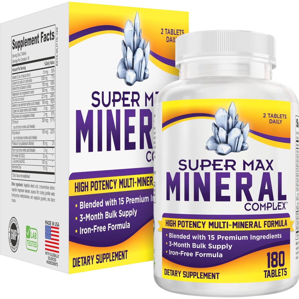 3Month Multimineral Supplement (Iron Free) Natural Multiminerals | Multi Mineral Supplements (15-i-1) Blended Minerals Formel | Mineral Complex | 90-dagars Bulk Supply | 180 tabletter