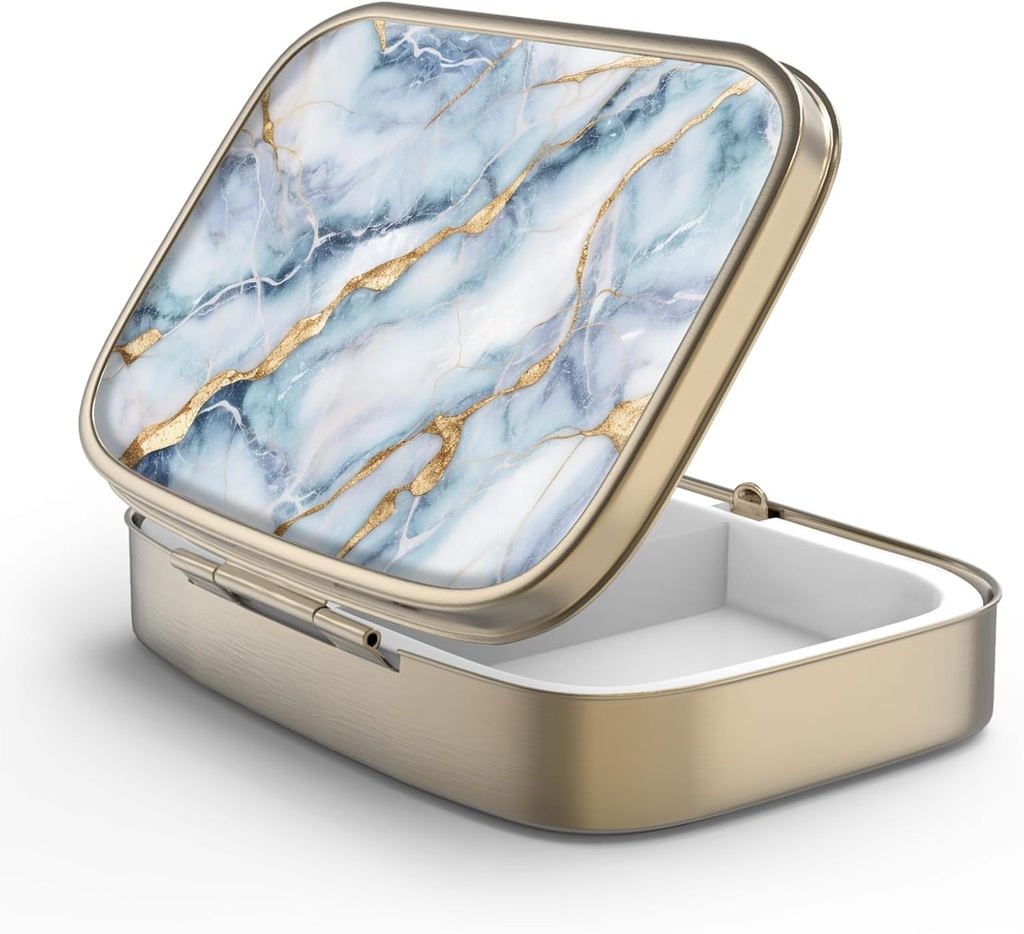 Pill Case Pill Box med Mirror Retro 2 Compartment Small Pill Case för väska eller ficka brons rektangulär pillerlåda eller vitaminer, fiskolja, tillskott, piller Containe Travel Gifts (vit blå Marble)