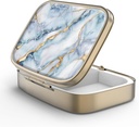 Pill Case Pill Box med Mirror Retro 2 Compartment Small Pill Case för väska eller ficka brons rektangulär pillerlåda eller vitaminer, fiskolja, tillskott, piller Containe Travel Gifts (vit blå Marble)