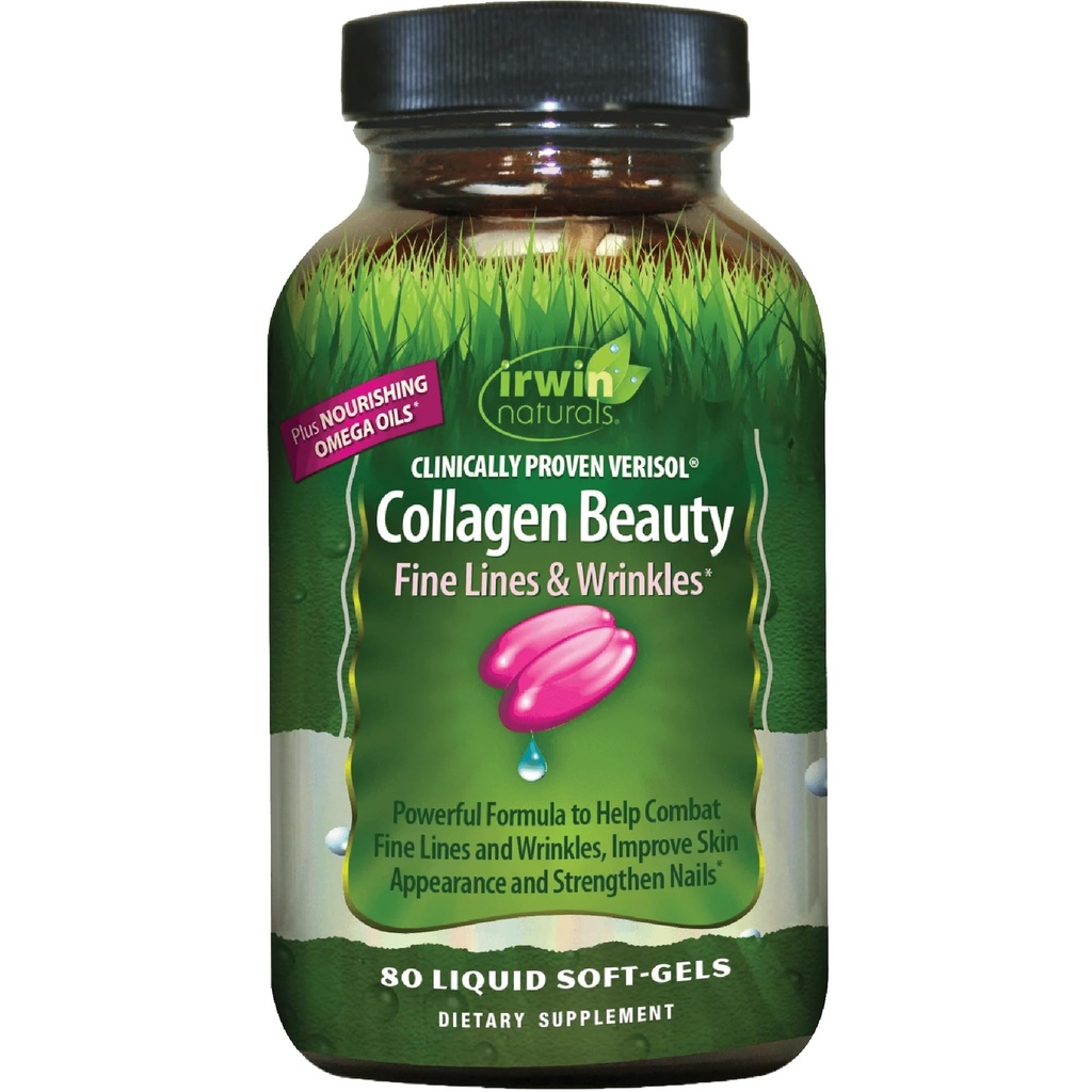 Irwin Naturals Collagen Beauty - 80 flytande Softgels - hjälper till att bekämpa fina linjer och rynkor, förbättrar hudens utseende och stärker naglar - 13 totala portioner