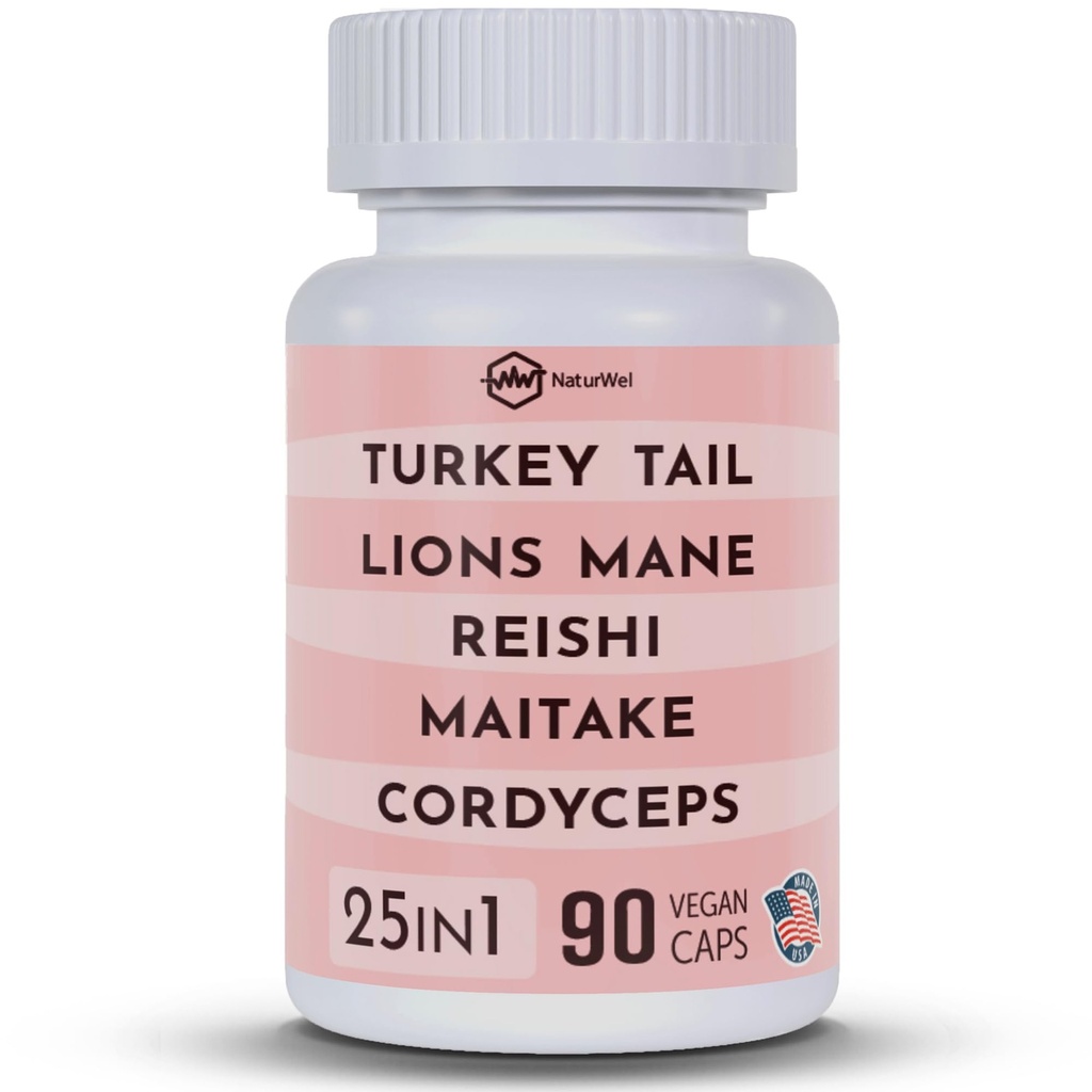 Turkiet Tail 3000mg Lions Mane 3000mg Reishi 1500mg Mushroom Blend med Chaga Maitake Cordyceps Shiitake Field | Mushroom Blend | Fokuspiller - 90 greve (90 grevepaket med 1)