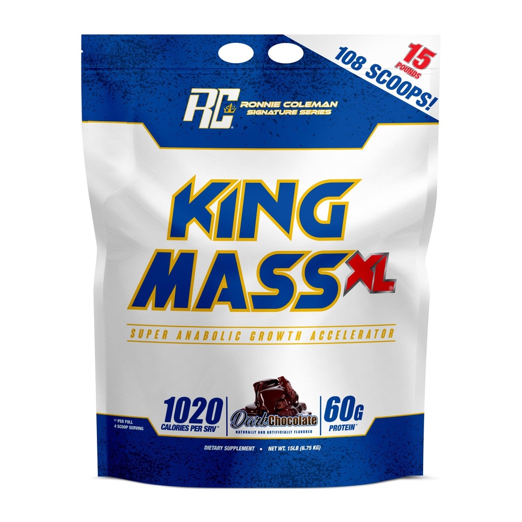 Ronnie Coleman Signature Series King Mass XL Mass Gainer Proteinpulver, Muscle Gainer, 60g Protein, 180g kolhydrater, 1000 + kalorier, kreatin och glutamin, mörk choklad, 15 pund