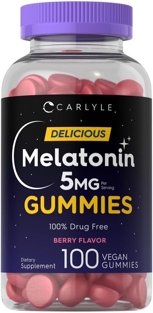 Carlyle Melatonin 5mg Gummies | 100 greve | Berry Flavor | 100% Drug Free | Non-GMO, Gluten Free Supplement
