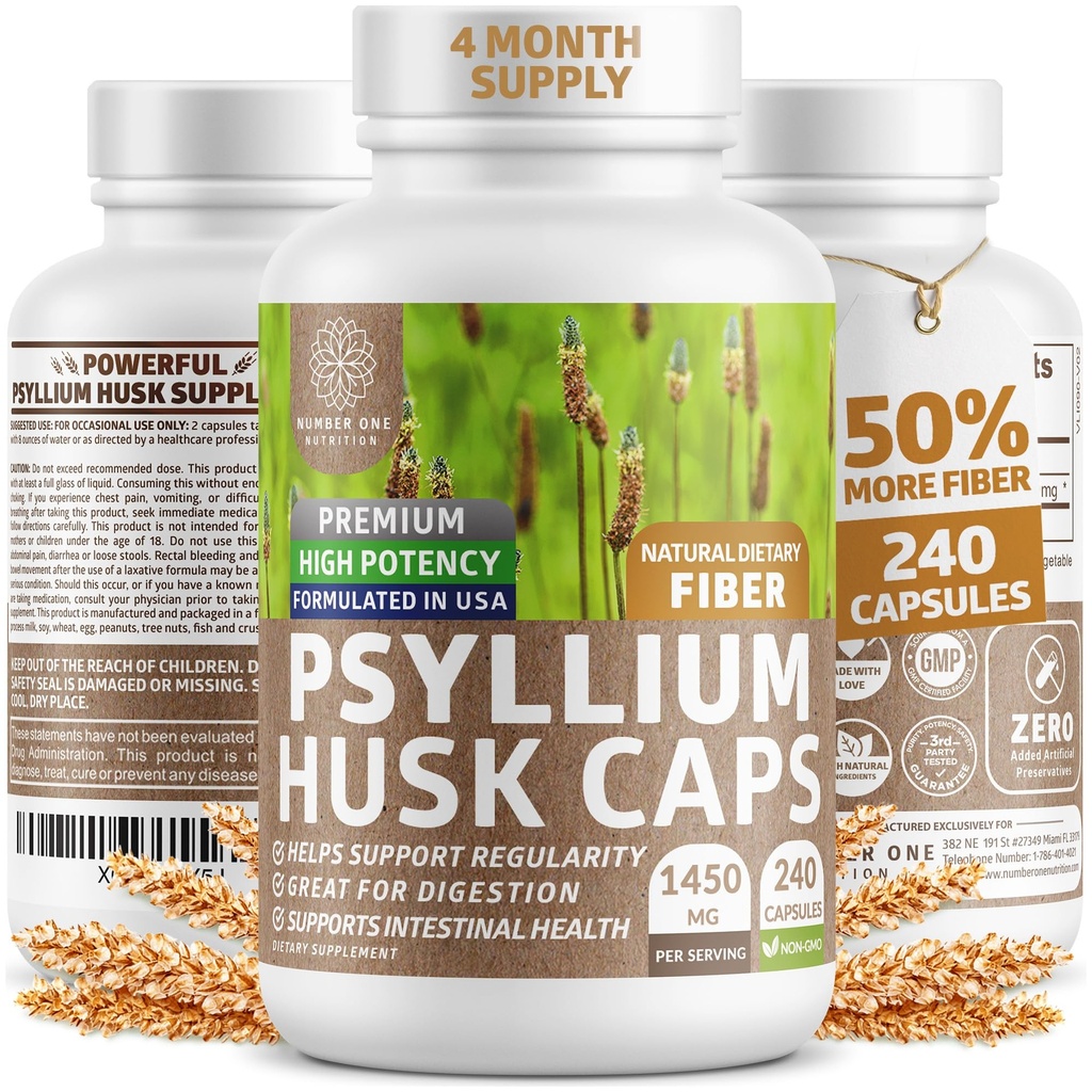 N1N Premium Psyllium Husk Capsules [All Natural,1450 MG] Kraftfullt lösligt fibertillskott för att stödja reglering och matsmältningshälsa, 240 Caps