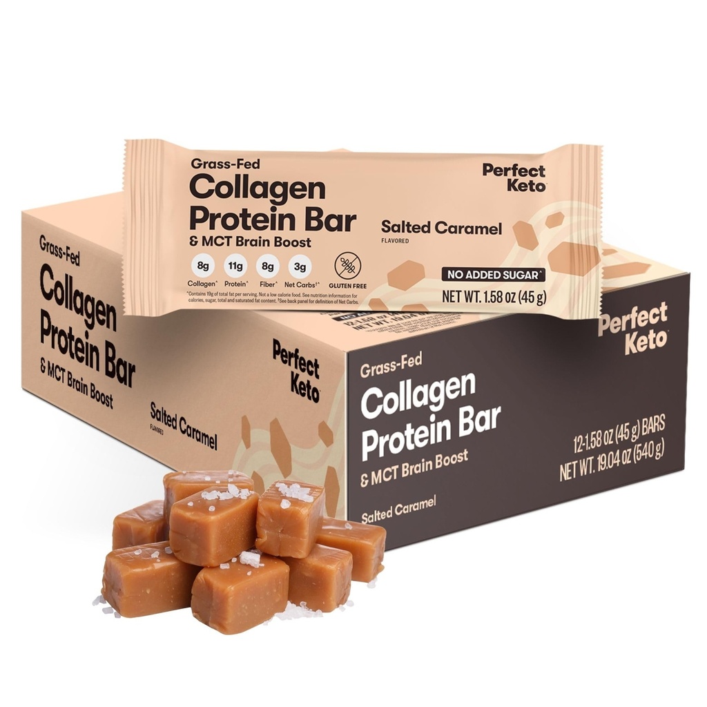 Perfect Keto Bars - The Cleanest Keto Snacks with Collagen and MCT. No Added Sugar, Keto Diet Friendly - 3g Net Carbs, 19g Fat,11g Protein - Diet Food Dessert (Salted Caramel, 12 Bars)