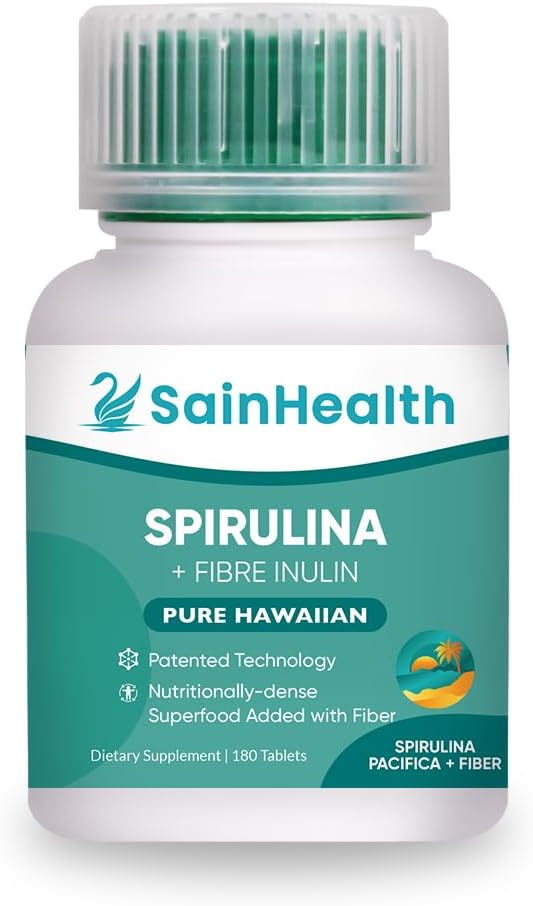 Spirulina + Fiber Inulin - Herbal Supplement, Spirulina Tillsatt Fiber Vegan tabletter för Digestive Health, 600mg Spirulina, Vegan & GMO Gratis (180 tabletter)