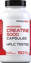 Piping Rock Creatine Monohydrate Capsules | 5000mg | 150 piller | Micronized Supplement för män och kvinnor | Non-GMO, Gluten Free
