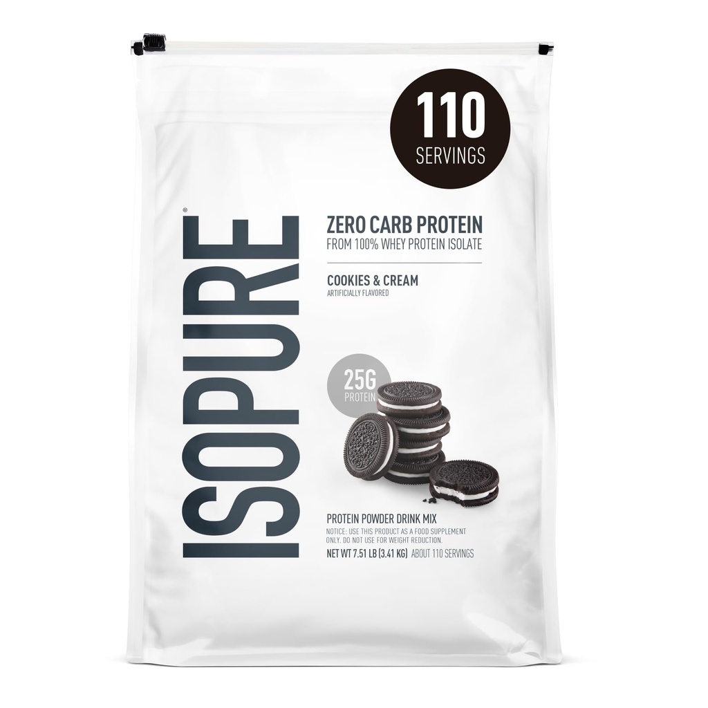 Isopure Zero Carb 100% Pure Whey Isolate Protein Powder, Lactose Free, Gluten Free, med vitaminer, Cookies & Cream, 25g Protein Per Servering, 7,5 Lbs, 110 portioner (Packaging May Vary)