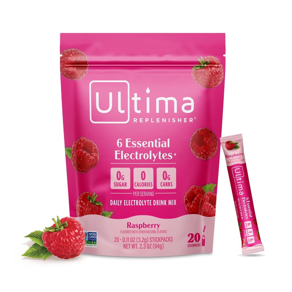 Ultima Replenisher Daily Electrolyte Powder Drink Mix - Sugar Free - Raspberry, 20 Stickpacks - Hydration Packets med 6 Key Electrolytes och Trace Minerals - Keto Friendly, Vegan, Non-GMO