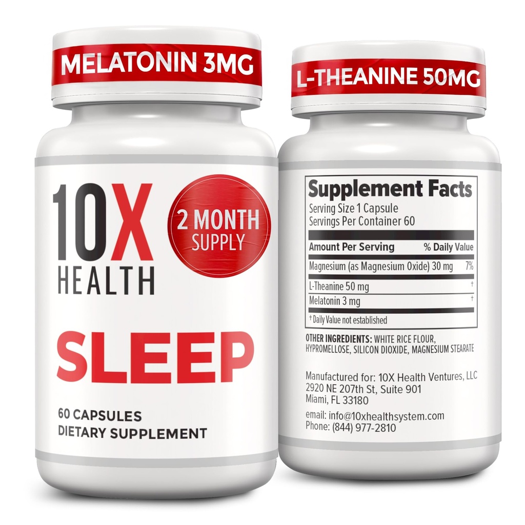 10X Health Sleep Supplements for Adults - 60 Capsules - Melatonin 3mg, L Theanine, Magnesium Supplement, Magnesium Oxide för djup, bättre rest och avkoppling - 3-i-1 naturligt sömnstöd