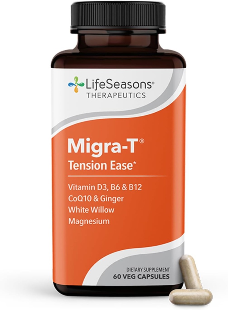 LifeSeasons Migra-T med Relieve-R PM - Migraine Prevention & Relief Supplement - Stöder Severe Headaches - Reduces Light Sound & Odor Sensitivity - Feverfew, White Willow, Magnesium Ginger & CoQ10