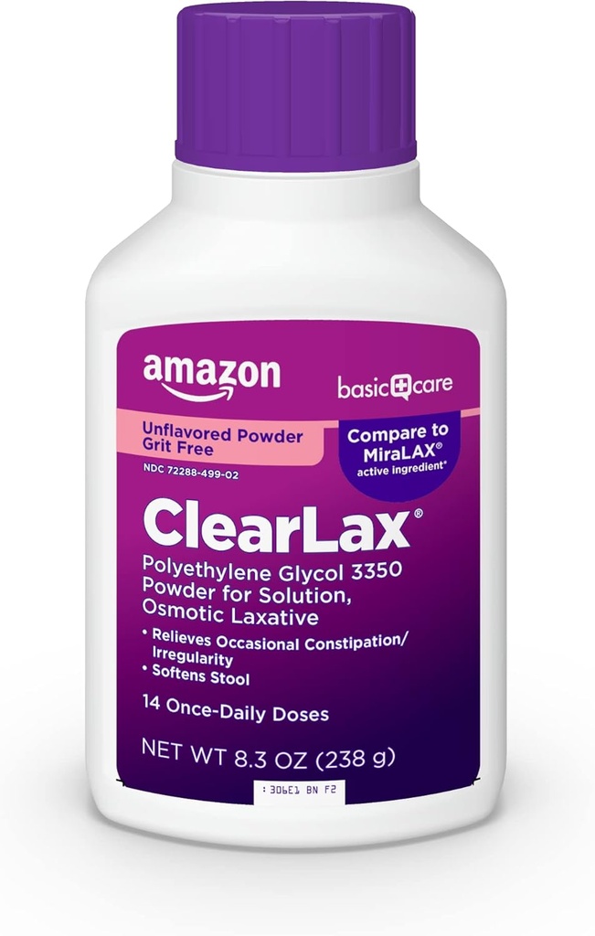 Basic Care ClearLax, Polyetene Glycol 3350 Powder for Solution, Osmotic Laxative, Unflavored, 8,3 ounce (Pack av 1)