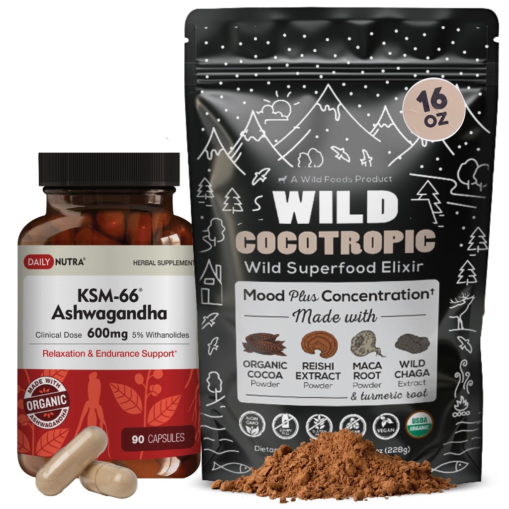 DailyNutra KSM 66 Ashwagandha (90 kapslar) och Mushroom Cacao Mix (16oz) Bundle för avkoppling och fokus