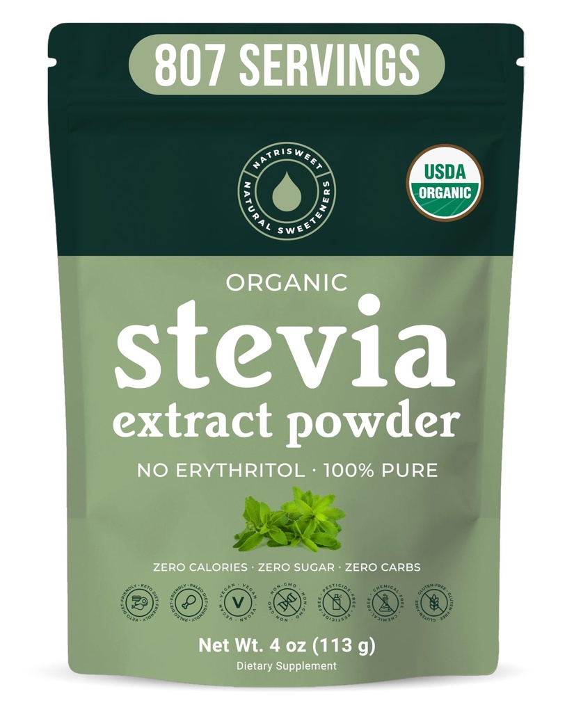 Organisk 100% ren Stevia Powder, 4 oz, tillfredsställer Sweet Cravings, Lowers Blood Sugar Levels för diabetes, Bulk Powdered Stevia Extract Sweetener för bättre Baking & Beverages, 800 + Servings av NatriSweet