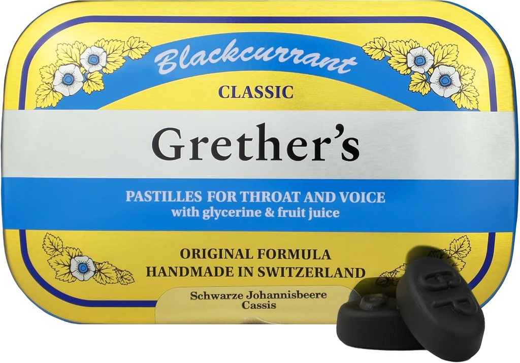GRETHER'S Pastilles Classic Blackcurrant Natural Remedy Dry Mouth Relief - Soothing Throat & Healthy Voice - Long-Lasting Flavor, Gift for Singers - 1-Pack - 3,75 uns.