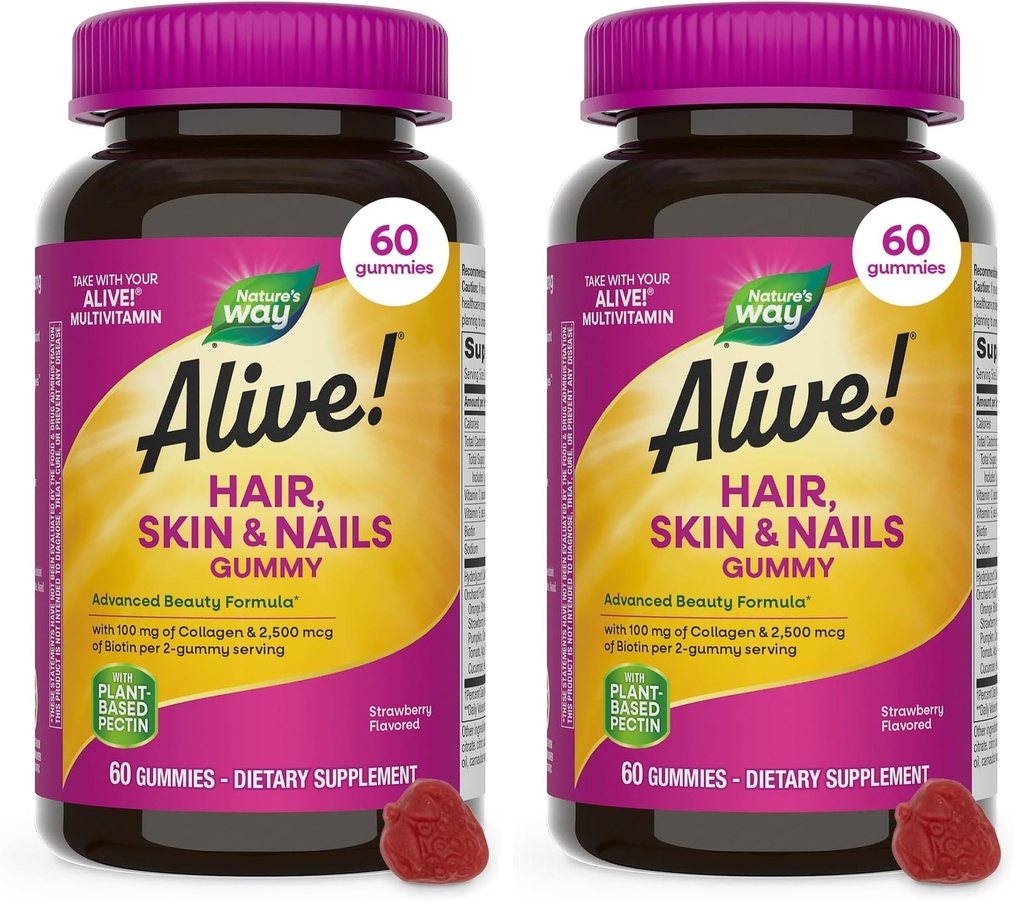 Naturens väg levande! Hår, Skin & Nails Gummies, Advanced Beauty Formel*, med Biotin och Collagen, Strawberry Flavored, 60 Gummies (Packaging May Vary) (Pack of 2)
