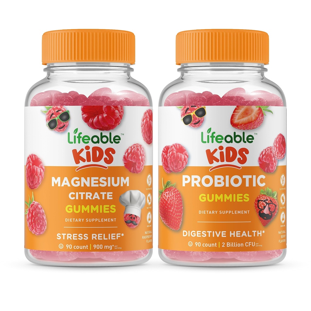 Livliga Magnesium Kids + Probiotiska 2 miljarder CFU Kids, Gummies Bundle - Stor smak, vitamintillskott, Gluten Free, GMO Free, Chewable Gummy