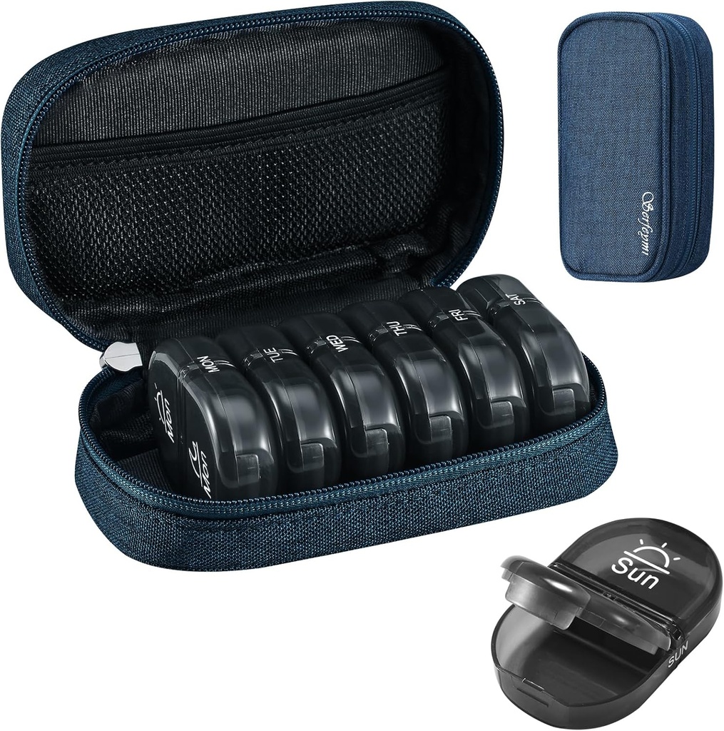 Serfeymi Weekly Travel Pill Organizer 2 Times A Day AM PM Uppgraderad Black Pill Box 7 Dag med Portable Zipper Canvas Pill Case, Medicine Organizer för piller, vitaminer, kosttillskott, fiskoljor - Blå 01
